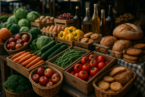 Étals de marché à Val-David avec légumes frais, pains artisanaux, biscuits maison et produits du terroir